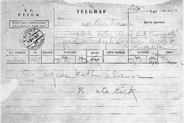 PTT telgraf formunun taraması. Üstte başlık, kaşeler ve el yazısı bir adres; altta kısa bir el yazısı satır ve K. Atatürk imzası.